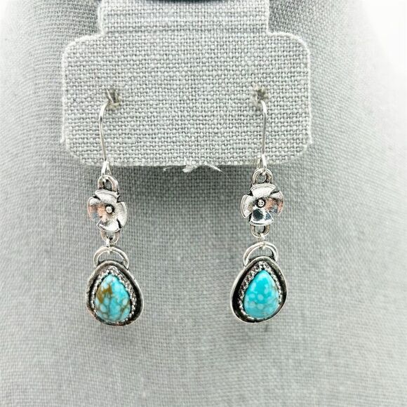Boho Faux Turquoise Teardrop Long Dangle Earrings Floral Silver Tone Pierced - Picture 3 of 10